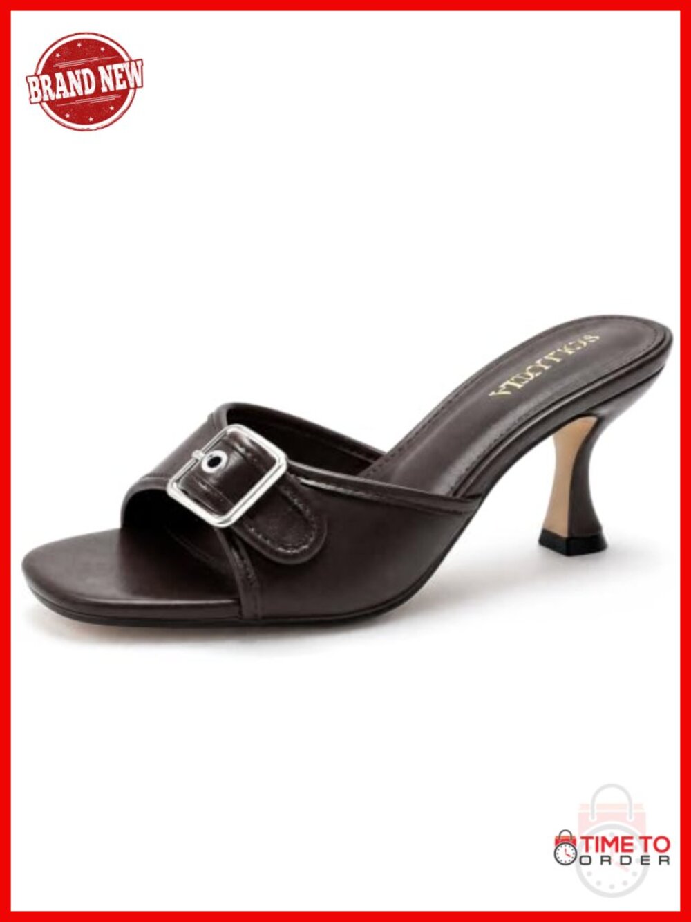 Kitten Heel Mules Square Open Toe Slip On Heeled Sandals Buckle Strap